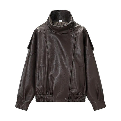 Women's brown PU leather jacket with stand collar, loose fit, short style, AdTec.