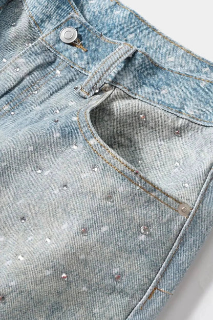 Men's Washed Rhinestone Denim Bermuda Shorts by eprolo