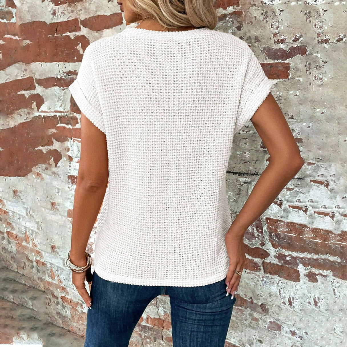 T-shirt gaufré à manches courtes, nouveau haut à col rond de couleur unie pour l'été, pour vêtements féminins