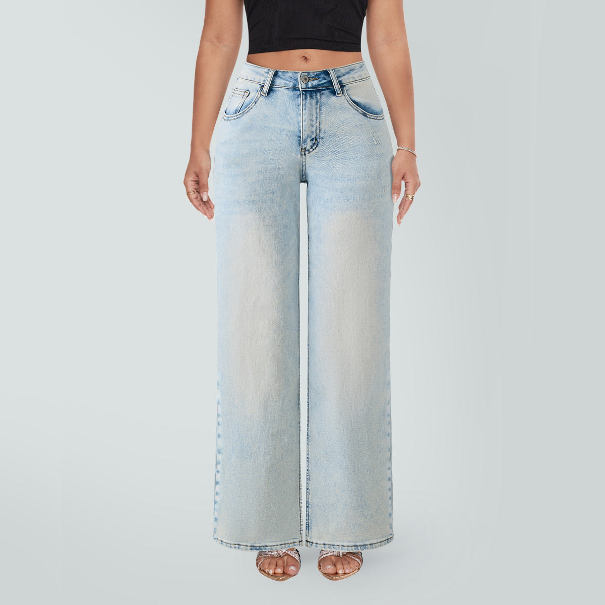 Jeans de mezclilla rectos de pierna ancha, de tiro medio a bajo, alta elasticidad, suaves y levanta glúteos