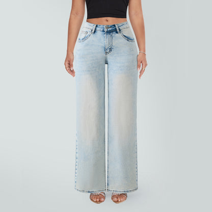 Jean droit en denim taille mi-basse à basse, très élastique, doux et rehaussant les hanches, à jambe large