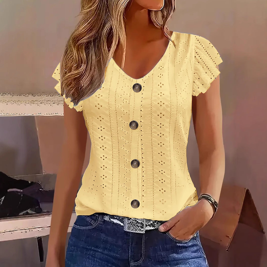 Camiseta de manga larga con cuello de pico y botones, jacquard de color liso