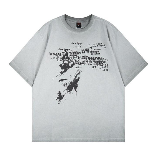 Washed butterfly printed short sleeved T-shirt