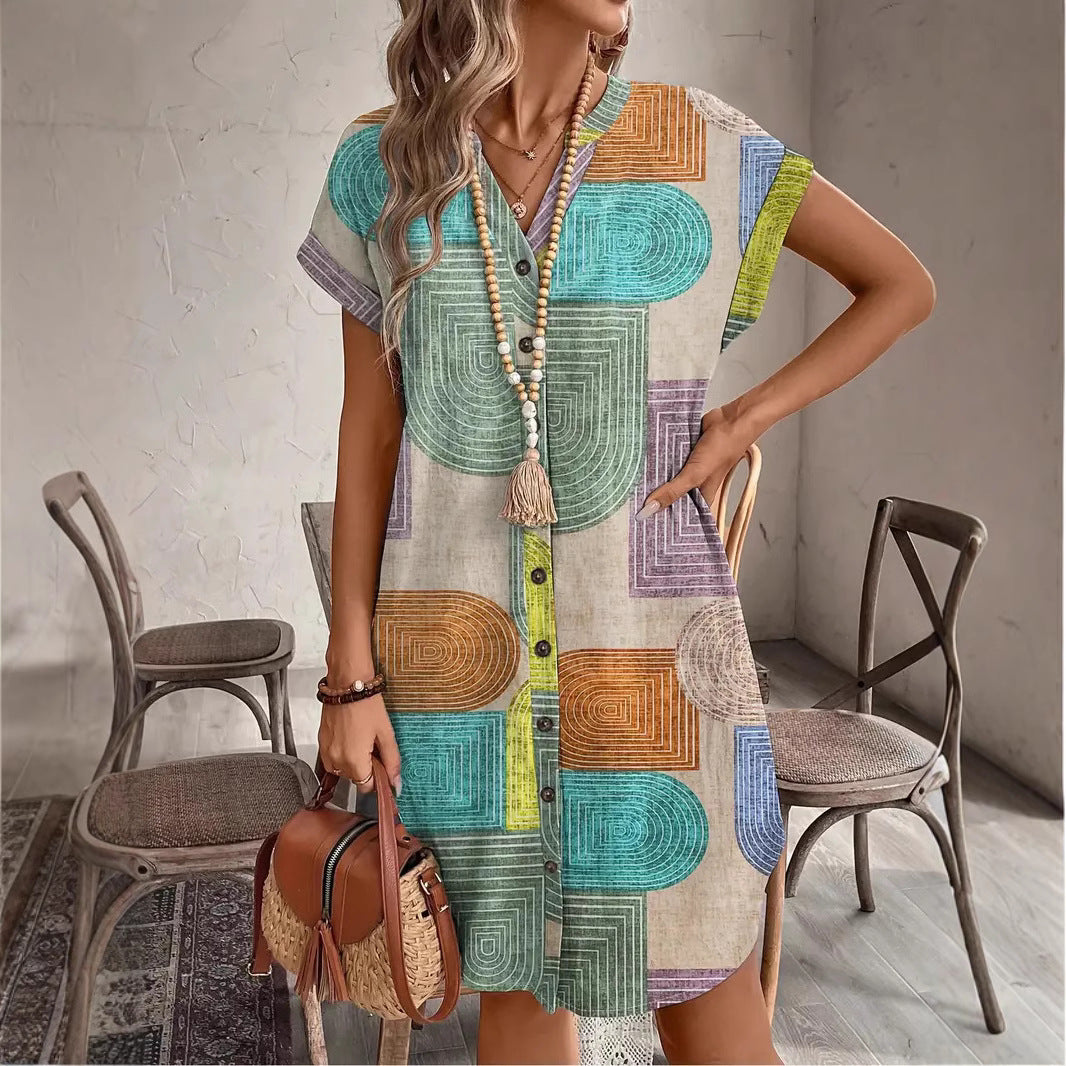 Robe élégante à col en V boutonnée en tissu imprimé