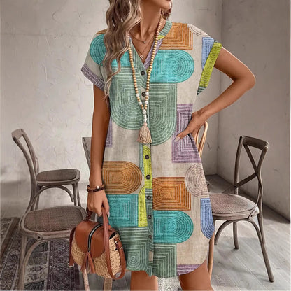 Robe élégante à col en V boutonnée en tissu imprimé