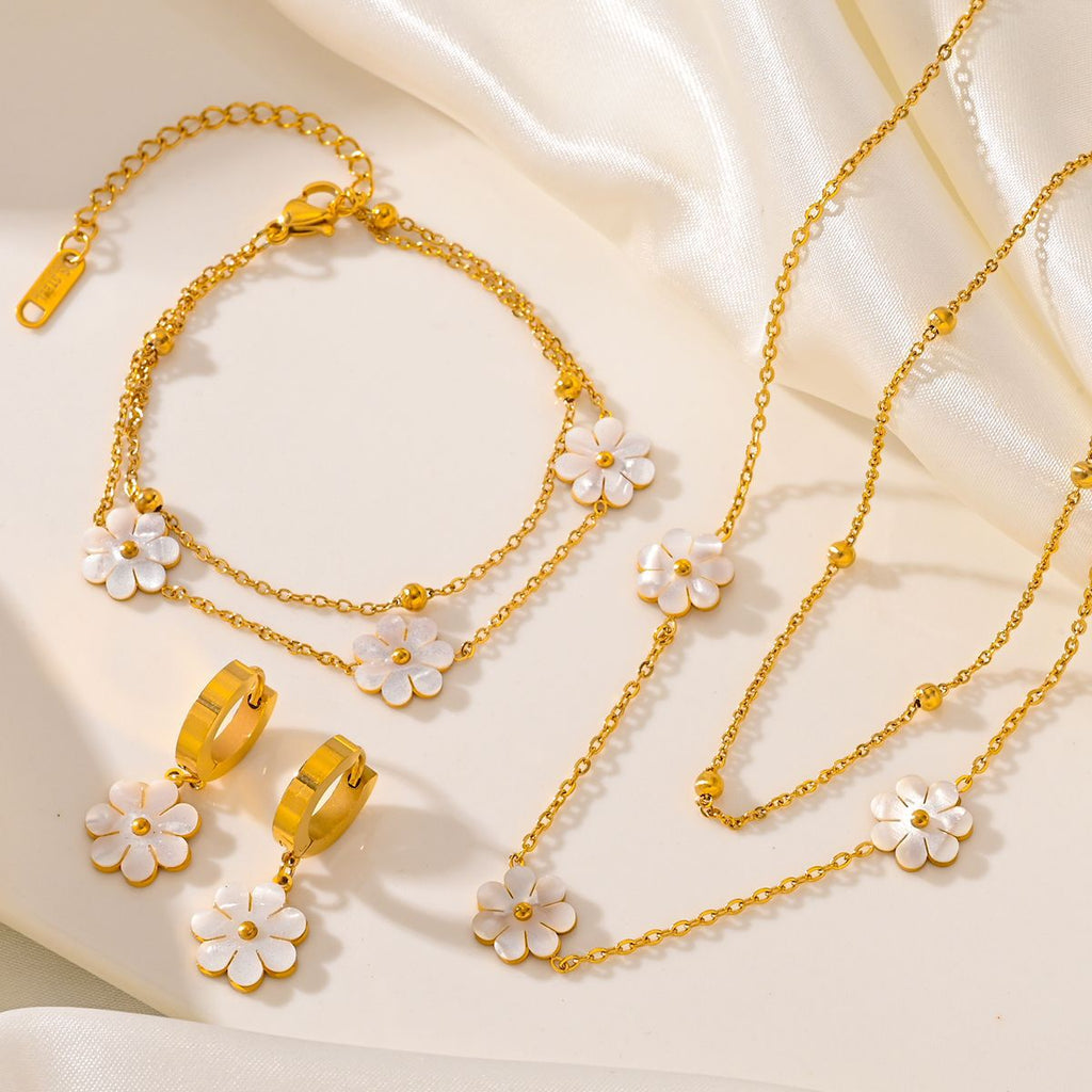 Joyería de moda de acero inoxidable, collar de flor de margarita, doble capa, pendientes, conjunto de joyería