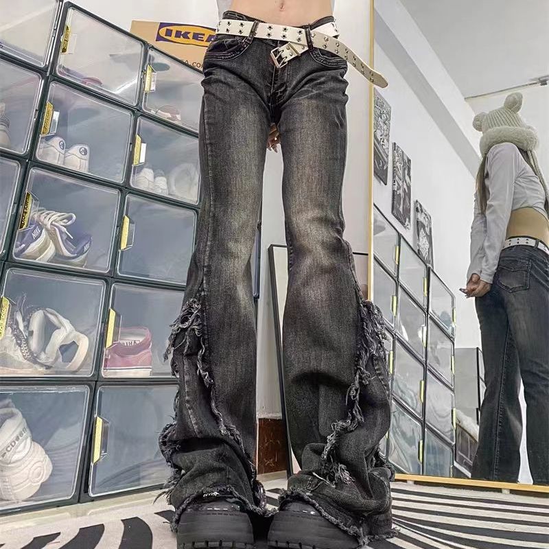 Vaqueros vaqueros para mujer, estilo americano vintage, diseño de bajo sin rematar ligeramente acampanado