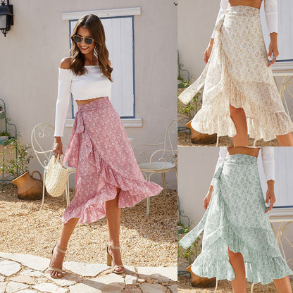 Jupe Longue Femme Taille Haute Mode Noire Nouée Enveloppante Fleurie Volants Mousseline de Soie Coupe Évasée Fendue Vêtements Printemps-Été