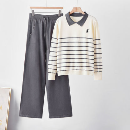 Ensemble en maille rayée à col rabattu élégant, pantalon ample à jambes larges pour femme