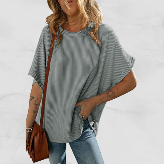 Camiseta de punto de color liso para mujer, holgada informal