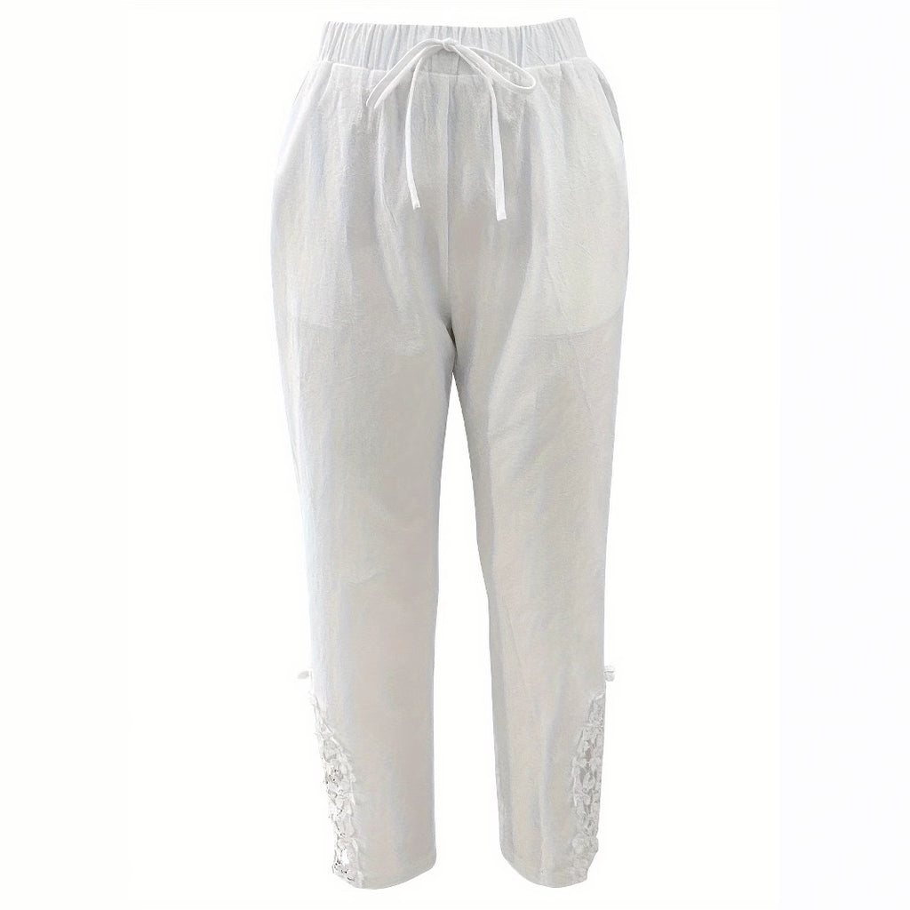 Pantalon droit décontracté en dentelle avec cordon de serrage pour femme