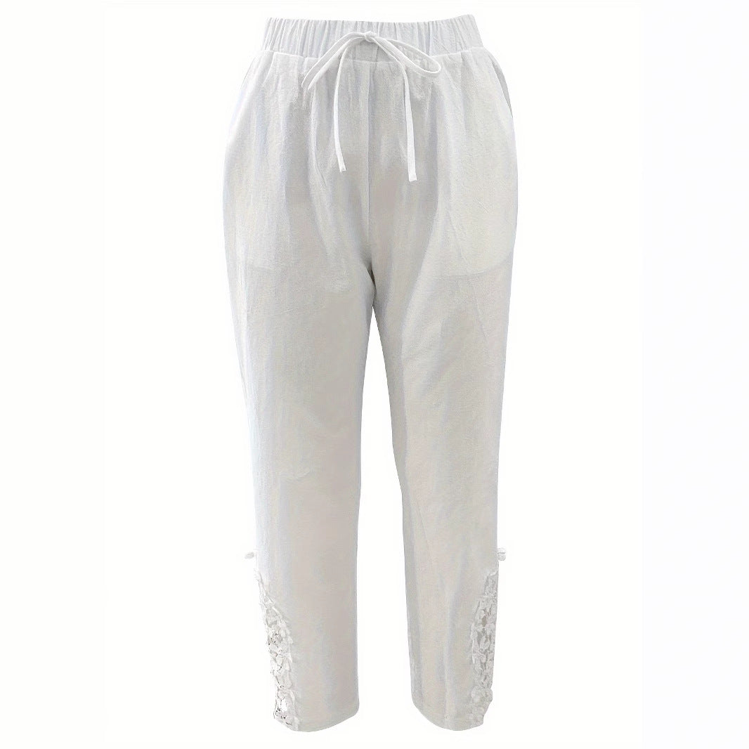 Pantalon droit décontracté en dentelle avec cordon de serrage pour femme