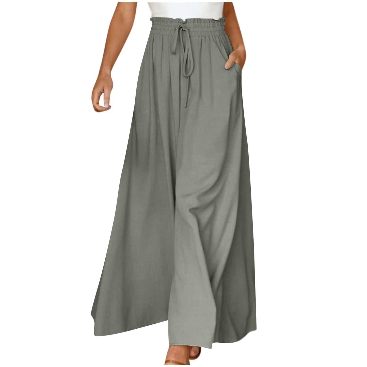 Pantalon long taille haute et large pour femme avec ceinture élastique