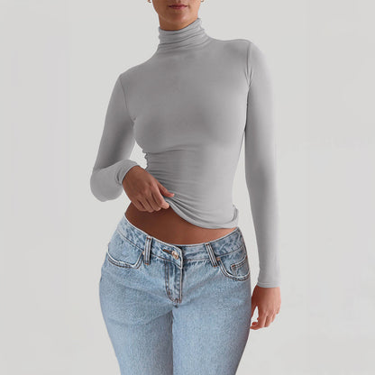 T-shirt Y2K moulant à col roulé, mode décontractée, pull à manches longues, haut ajusté, vêtements pour femmes
