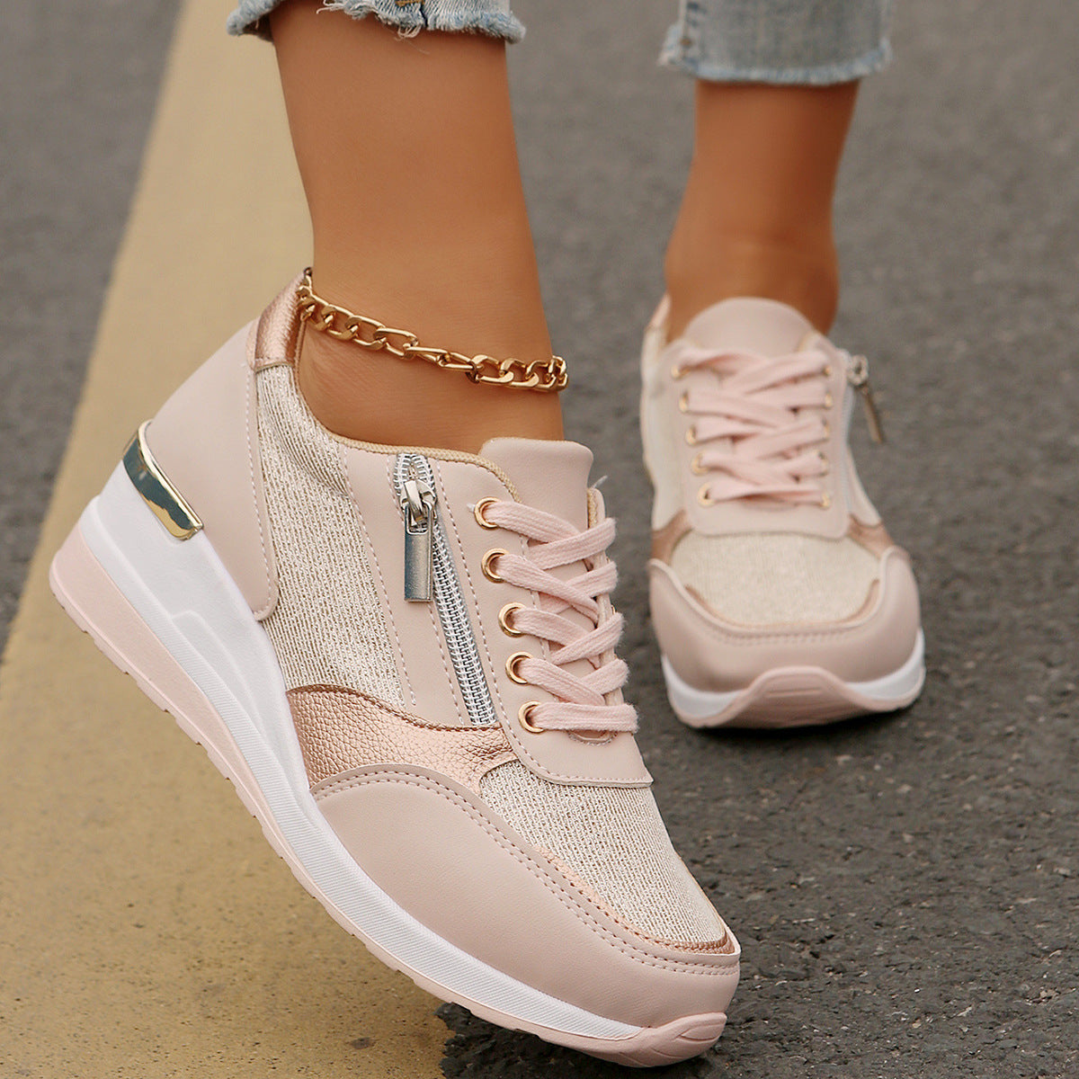 Chaussures décontractées à lacets pour femmes, à fermeture éclair latérale, semelle épaisse, pour la marche, la course et le sport