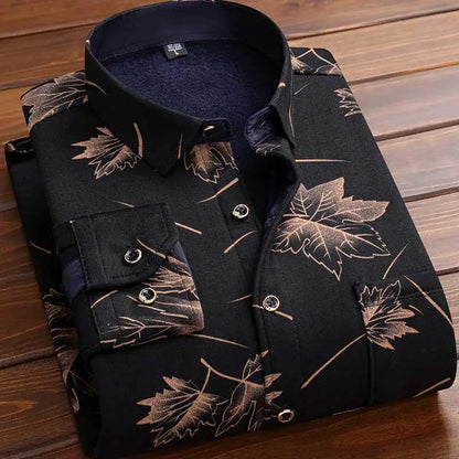 Men's fleece-lined plaid flannel shirt, black with tan leaf pattern, AdTec