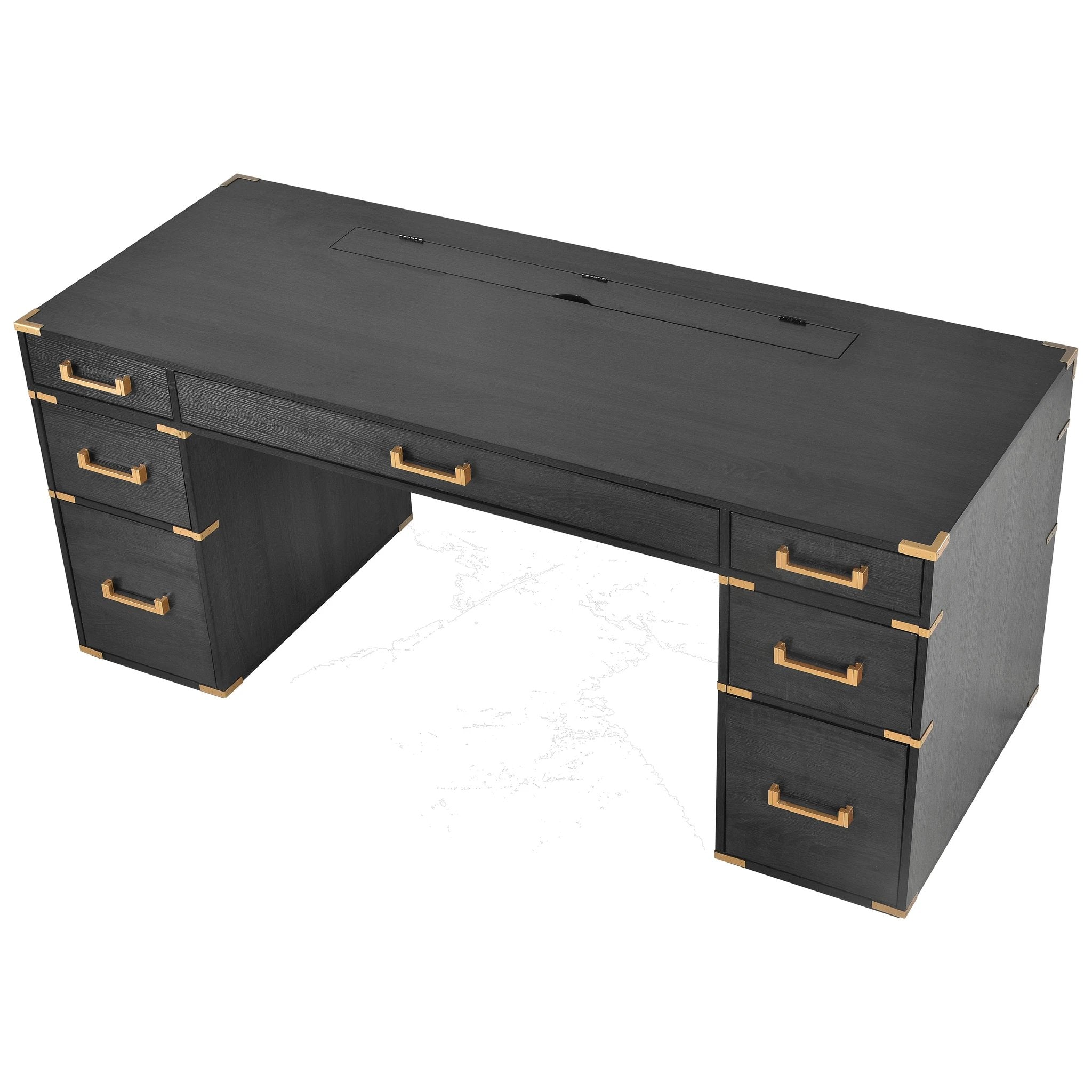 70 inch classic and traditional executive desk with metal trim, writing desk with 2 file drawers, USB ports, and sockets, black by eprolo