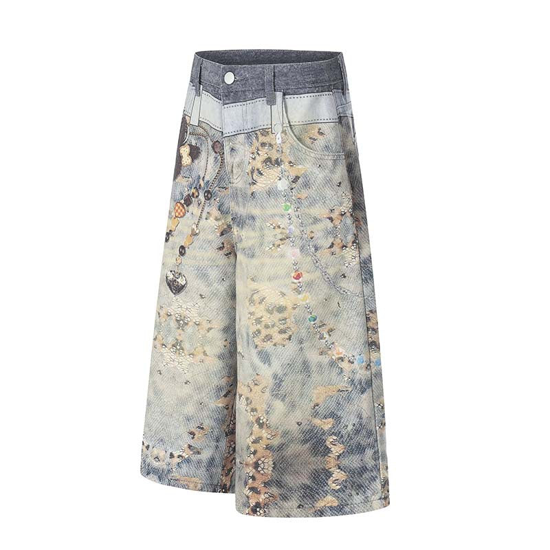 Pendant 3D Digital Printed Washed Denim Cropped Shorts