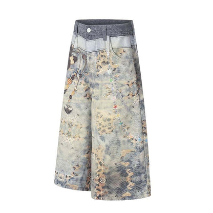 Pendant 3D Digital Printed Washed Denim Cropped Shorts