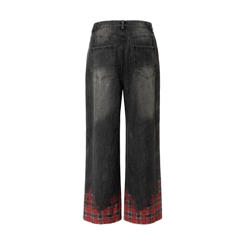 Hanging chain plaid printed loose washed wide leg denim pants by eprolo