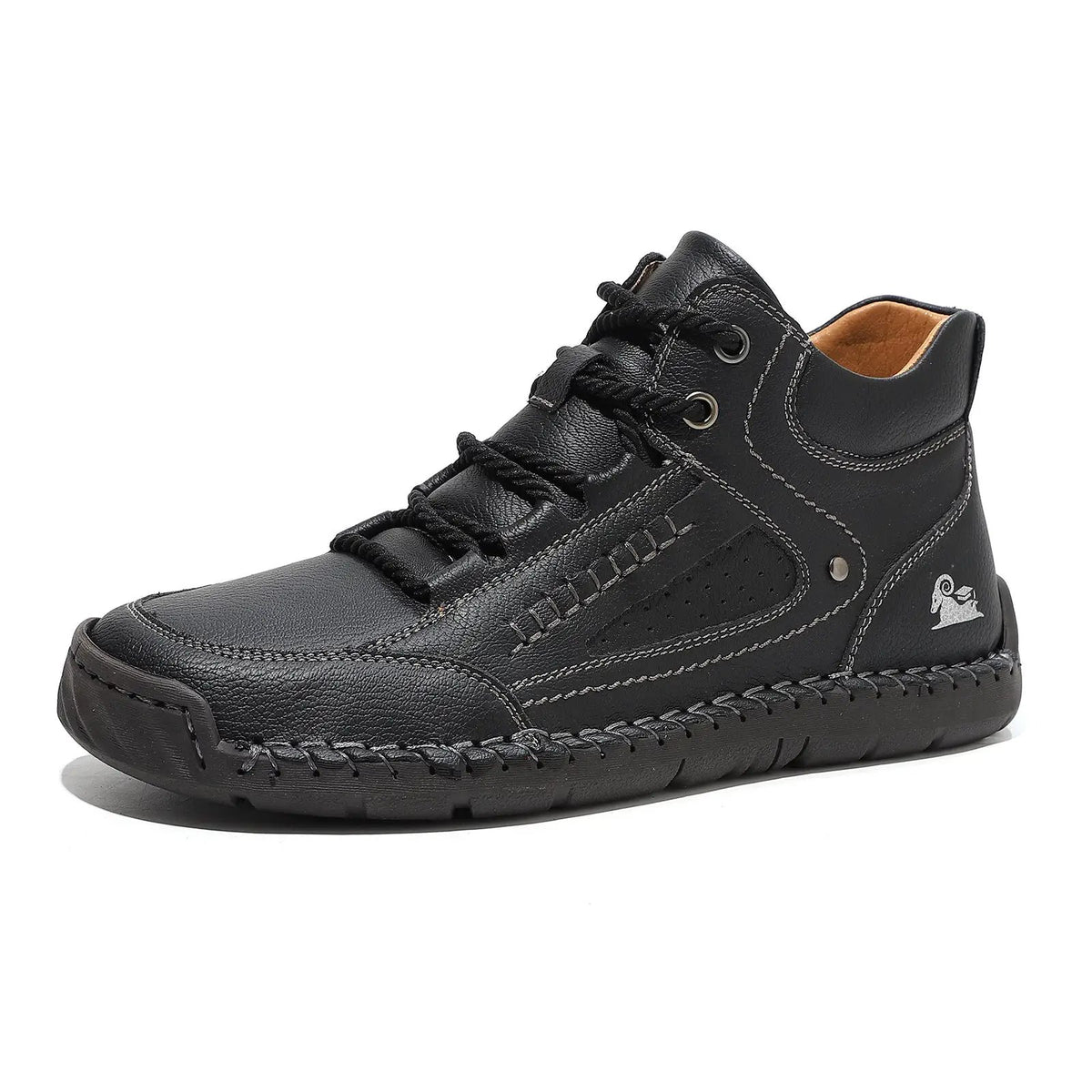 Mens black leather high-top shoes with flat laces, AdTec, breathable