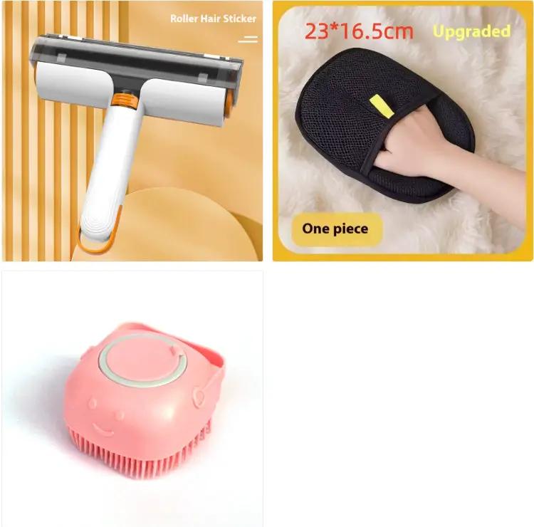Pet hair remover kit with three tools: white/orange roller, black deshedding glove, and pink brush.