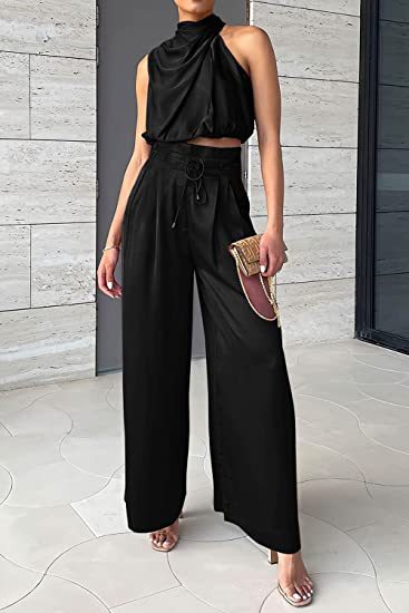 Ensemble 2 pièces d'été décontracté pour femme : haut sans manches court et pantalon large