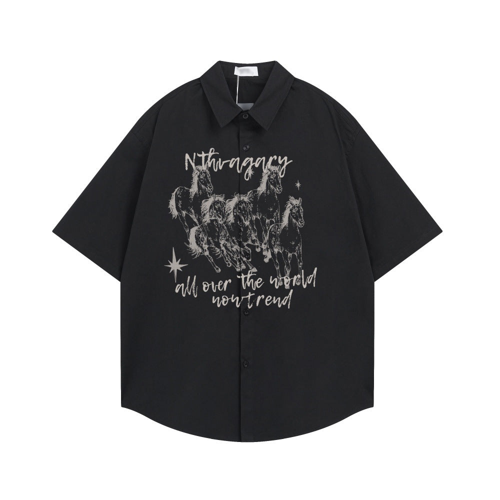 Horse group sketch printed short sleeved shirt