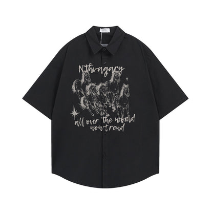 Horse group sketch printed short sleeved shirt