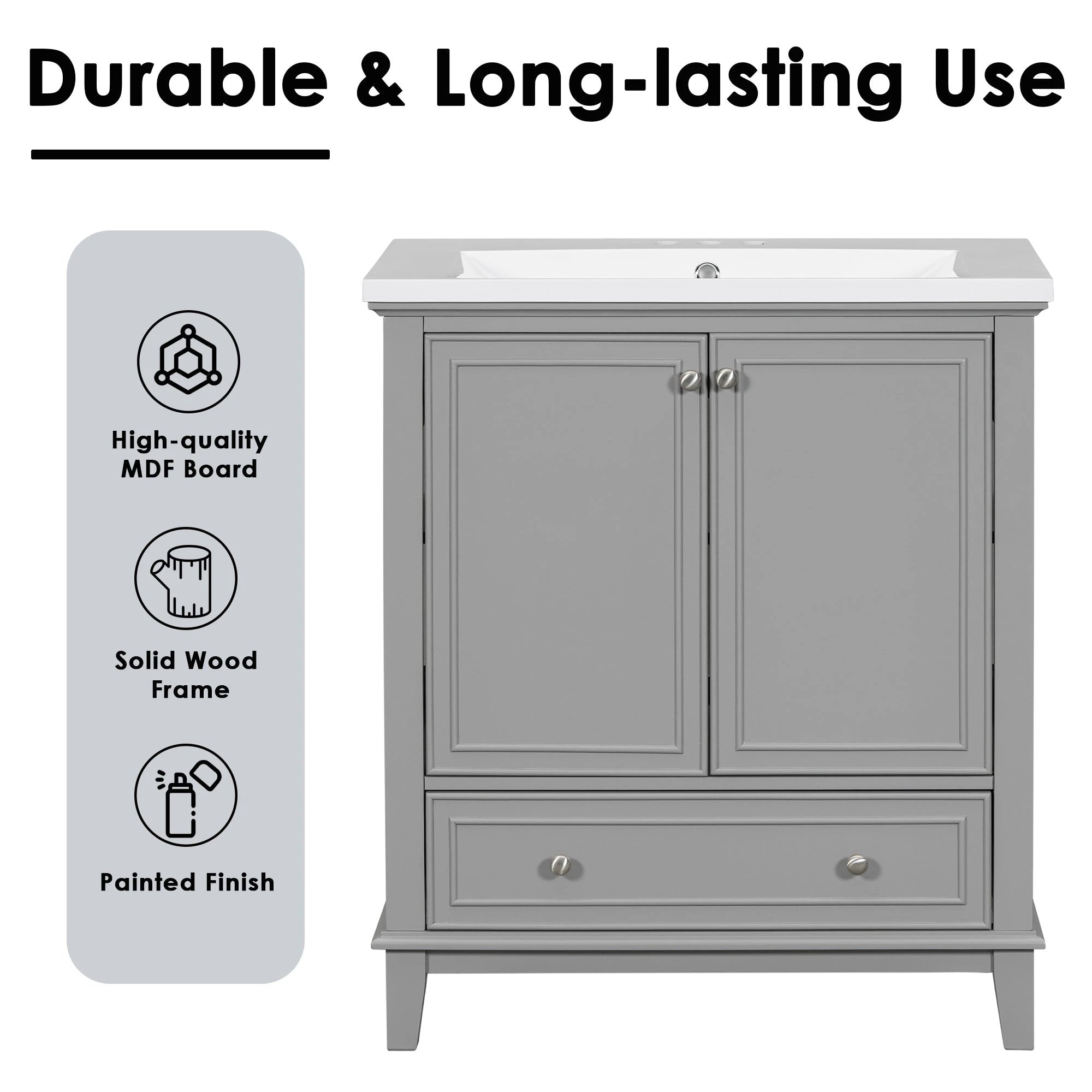 30inchgrey Bathroom Vanity with Sink ComboMulti-functional Bathroom Cabinet with Doors and Drawer Solid Frame and MDF Board by eprolo