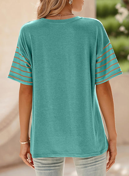 T-shirt à manches courtes rayé et color-block décontracté à col rond pour femme