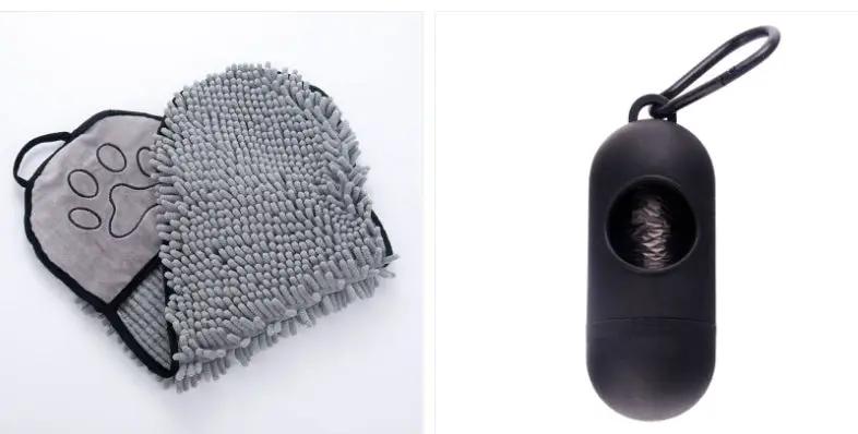 Pet towels: two gray microfiber dog/cat bath towels; quick-drying and absorbent, plus a black lint roller