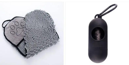 Pet towels: two gray microfiber dog/cat bath towels; quick-drying and absorbent, plus a black lint roller