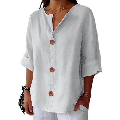 Chemisier boutonné femme en coton et lin col en V