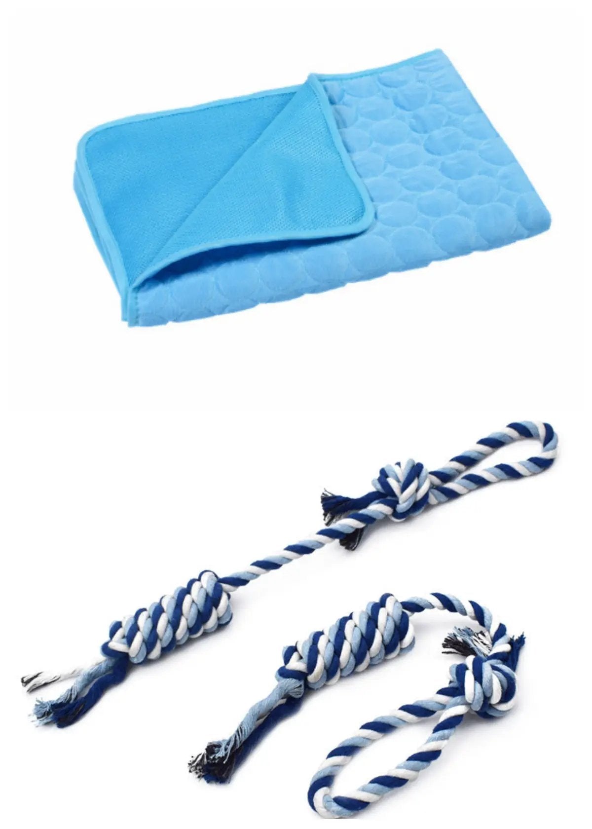AdTec Summer Cooling Pet Sleeping Ice Silk Mat in blue with three blue-white rope toys.