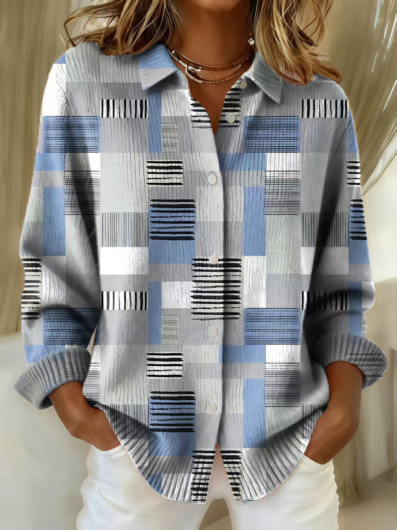 Pull à revers imprimé, décontracté, à manches longues, boutonné, tricoté pour femme