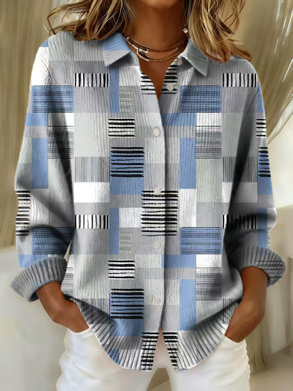 Pull à revers imprimé, décontracté, à manches longues, boutonné, tricoté pour femme
