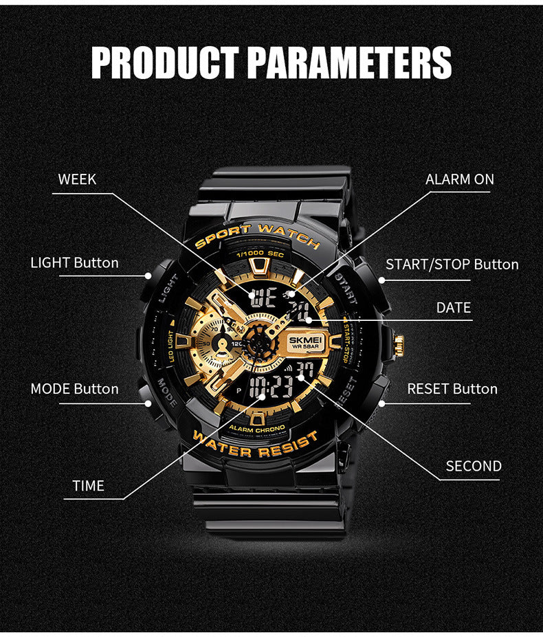 Reloj electrónico deportivo clásico negro y dorado con doble pantalla para estudiantes, reloj para adolescentes, niños y niñas