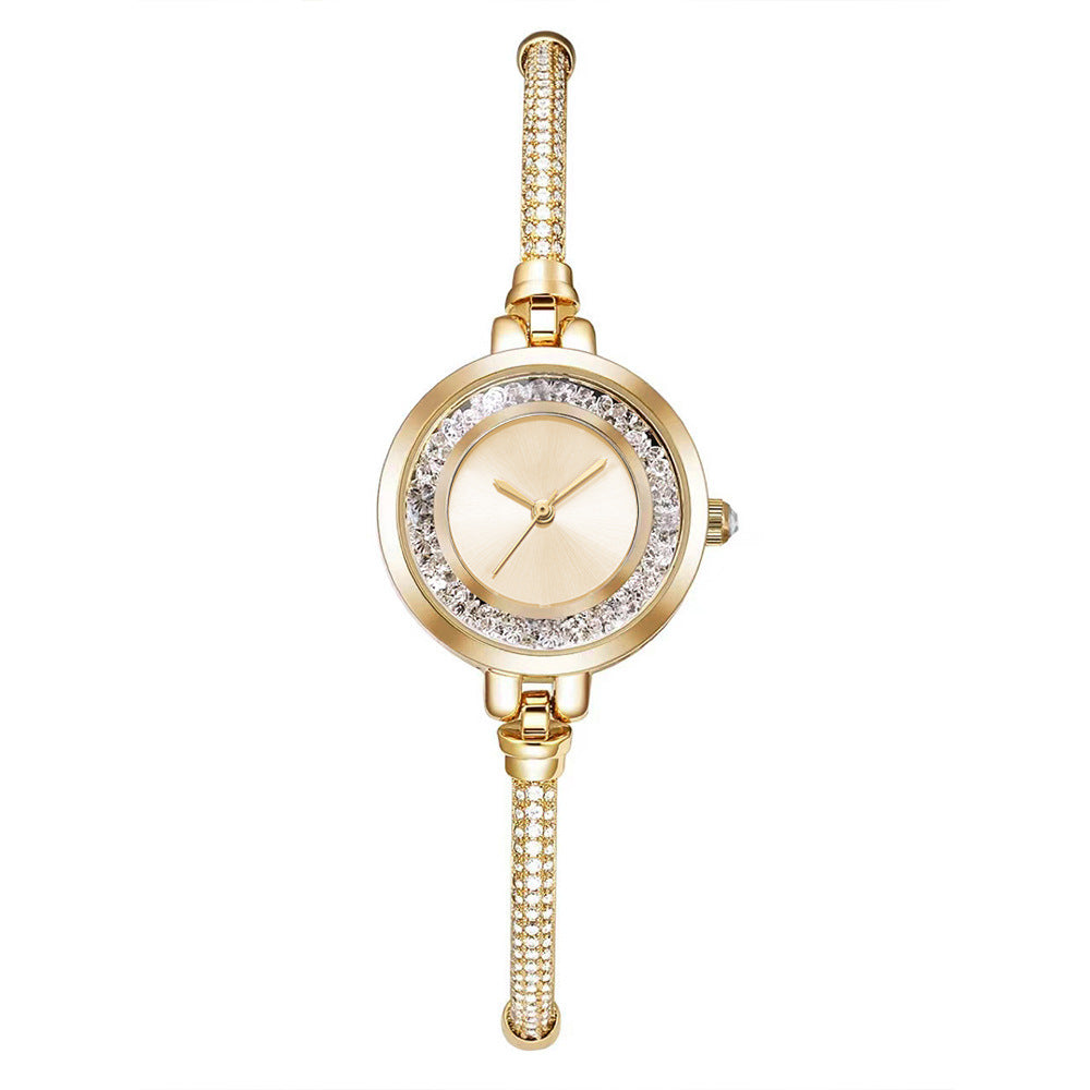 Reloj de pulsera de mujer de correa delgada con pedrería, esfera pequeña con purpurina líquida, reloj de pulsera retráctil ajustable