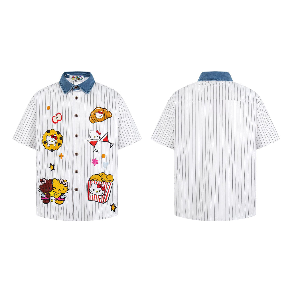 Cat embroidery vertical stripe short sleeved shirt