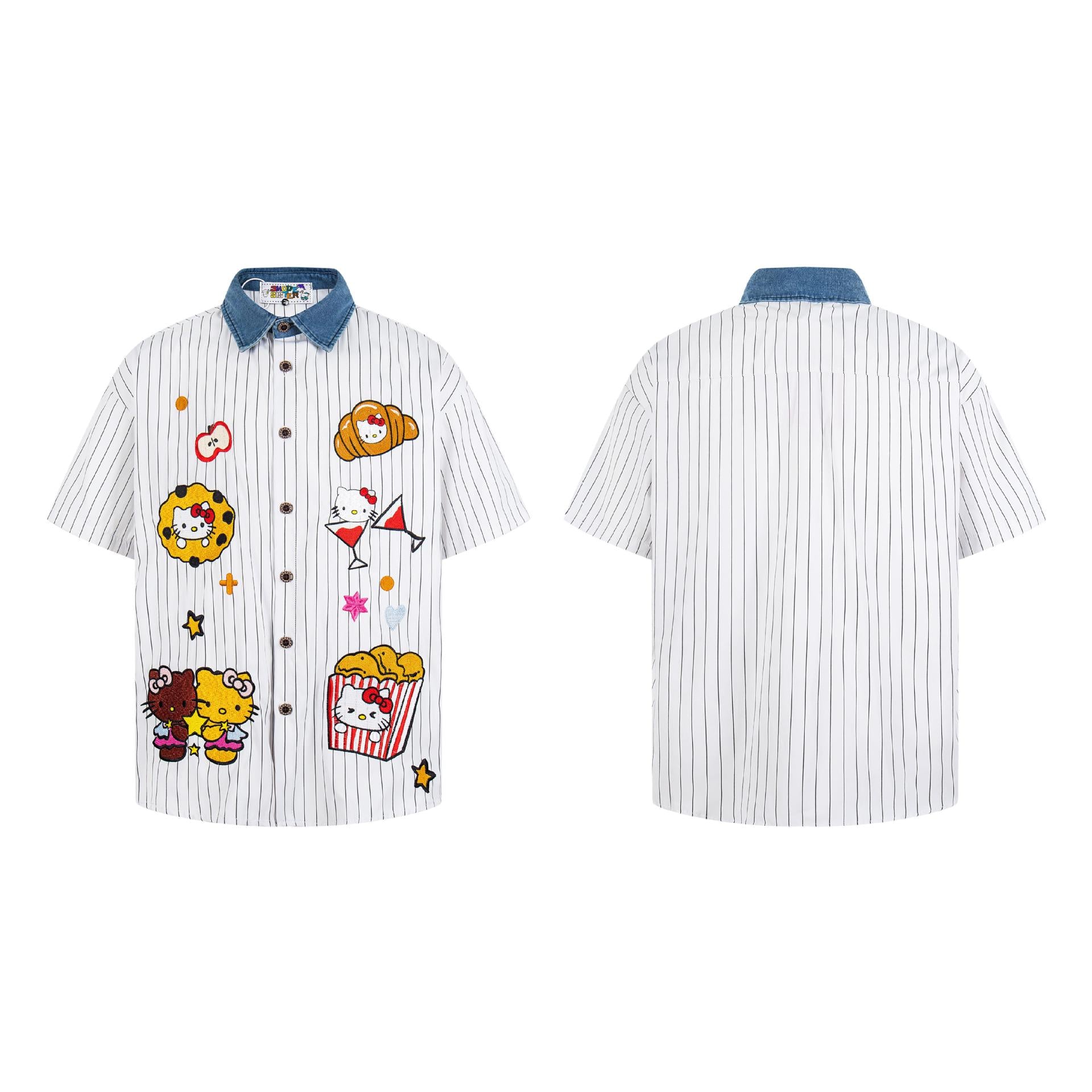 Cat embroidery vertical stripe short sleeved shirt