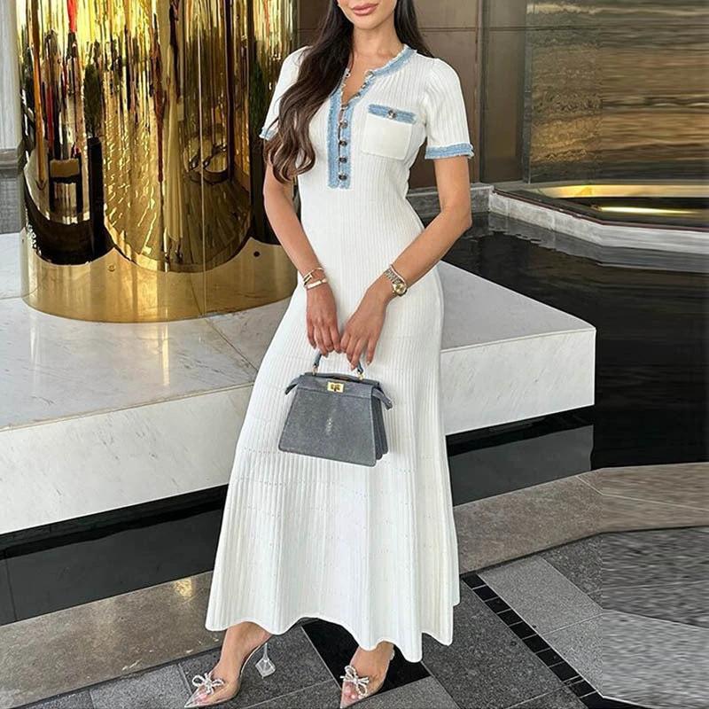 Long Sleeve Knit Dress with V-Neck, Fitted Waist, Denim Ribbed Pattern by eprolo
