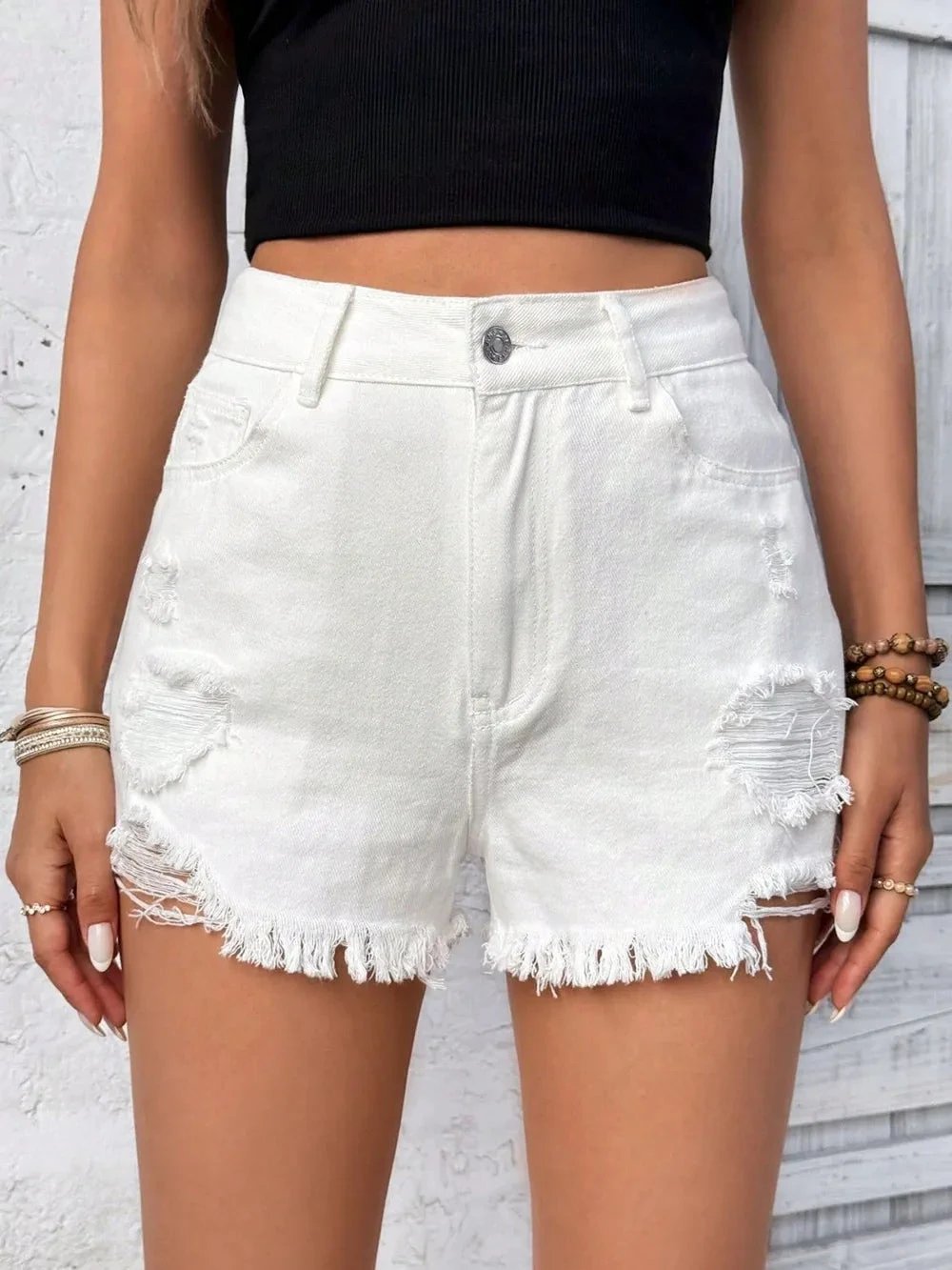 Distressed Raw Hem High Rise Denim Shorts by eprolo