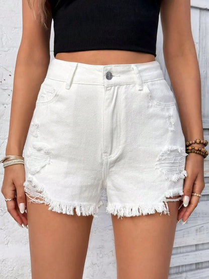 Distressed Raw Hem High Rise Denim Shorts by eprolo