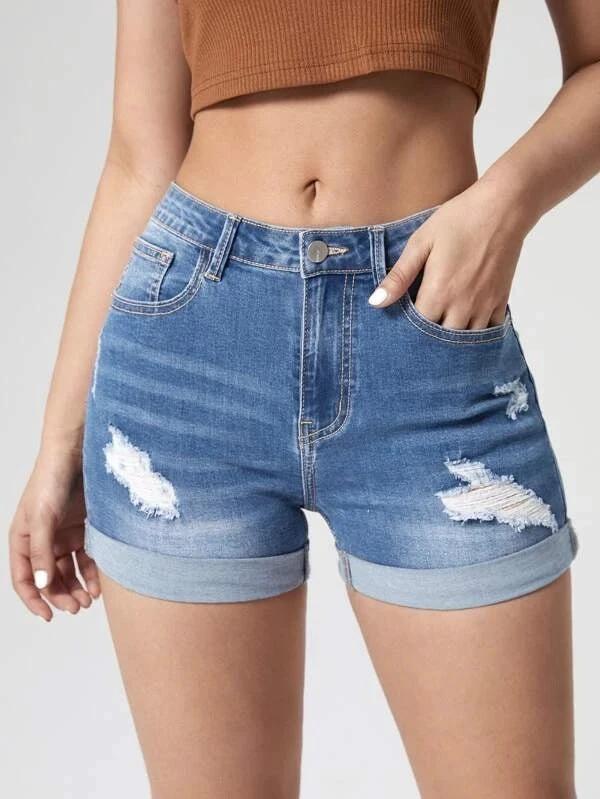 Elastic High-Waist Distressed Cuffed Denim Shorts for Women by eprolo
