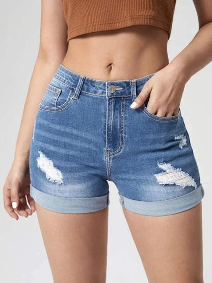 Elastic High-Waist Distressed Cuffed Denim Shorts for Women by eprolo