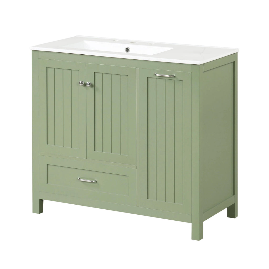 36 inch bathroom vanity with sink, one double door cabinet one large drawer and one flip drawer solid wood and MDF board, green by eprolo