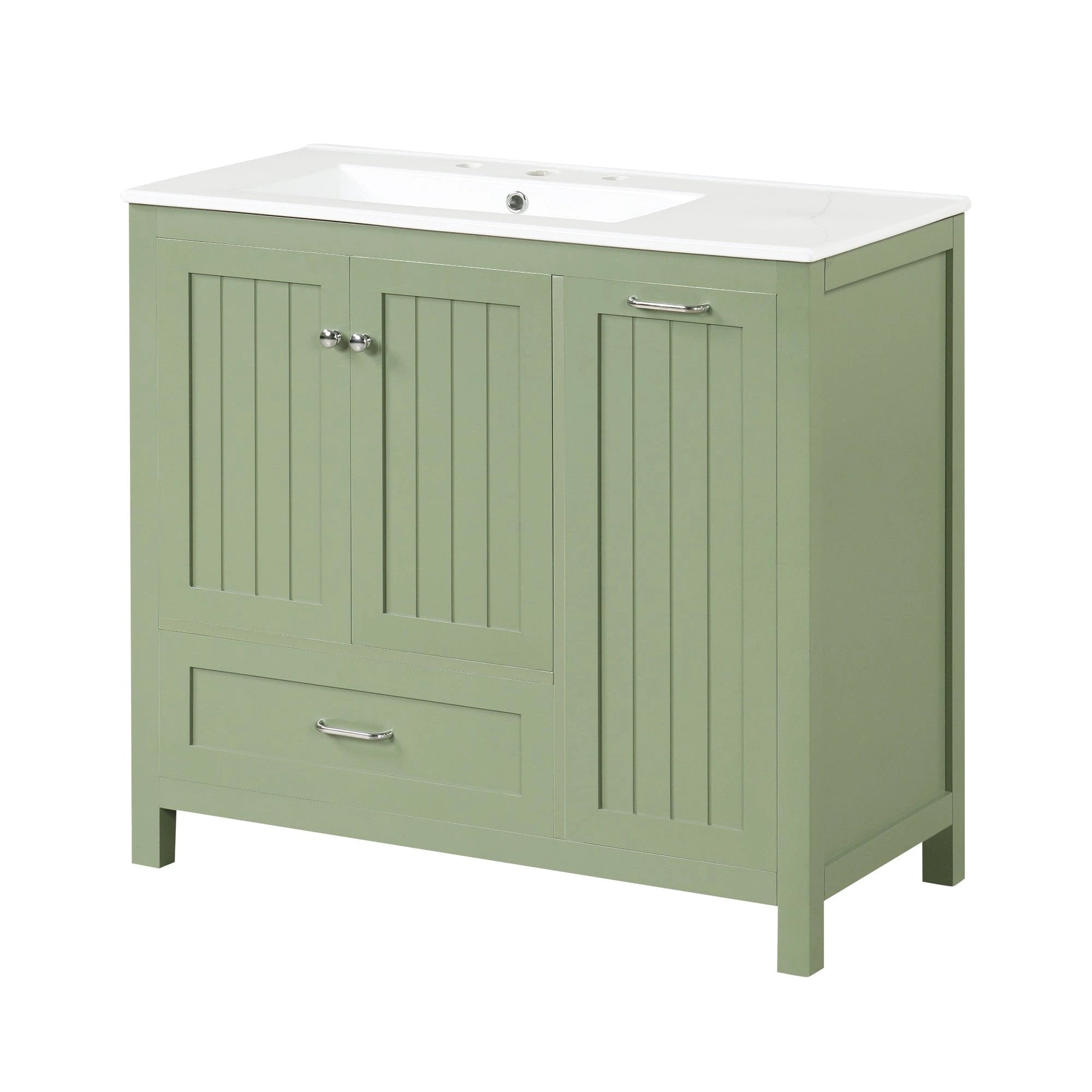 36 inch bathroom vanity with sink, one double door cabinet one large drawer and one flip drawer solid wood and MDF board, green by eprolo