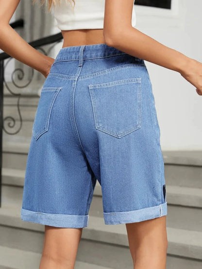 Heart-Pattern Rolled Hem Denim Shorts by eprolo
