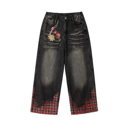 Hanging chain plaid printed loose washed wide leg denim pants by eprolo